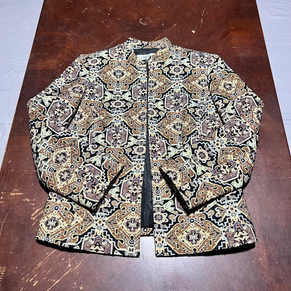 Kasper Womens Metallic Geometric Open Front Jacket Brown Tan Black Size 4